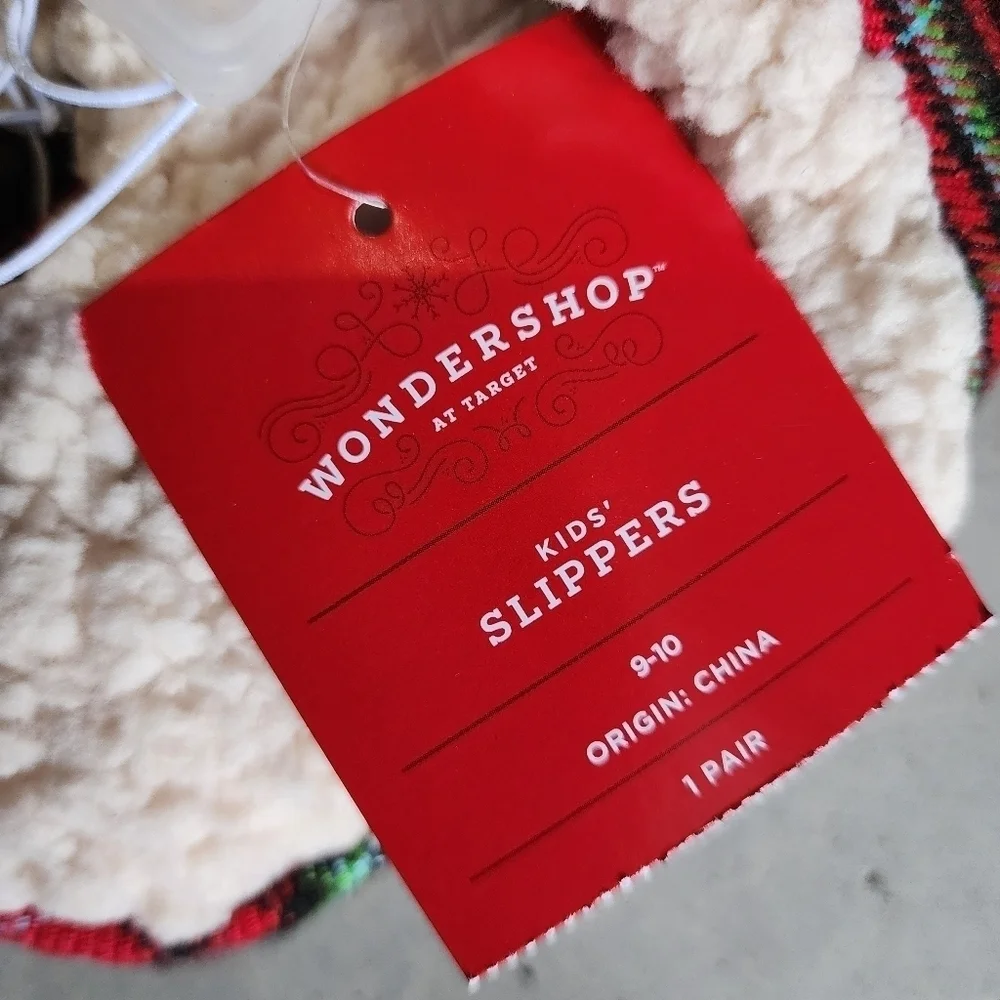 NWT Wondershop Kids' Holiday Plaid Reindeer Moose Slippers Size 9-10 Unisex New